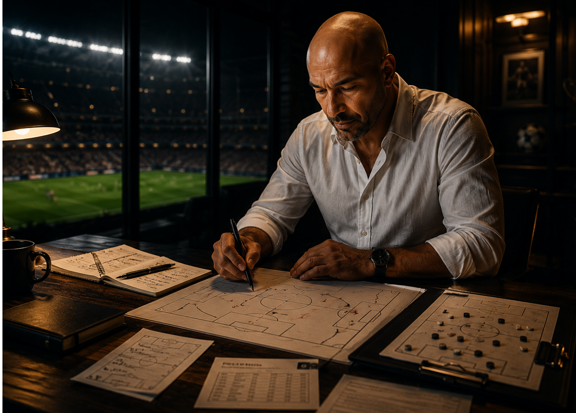 Bola analisando dados e o cenário de uma partida de futebol