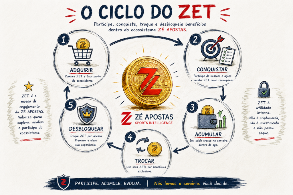 Fluxo do Token ZET no ecossistema ZÉ APOSTAS, da aquisição e gamificação ao uso de benefícios.