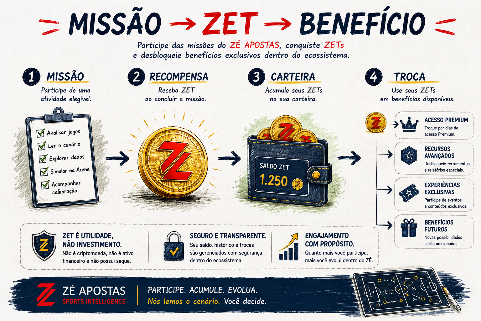 Fluxo de gamificação do ZÉ APOSTAS: missões geram ZETs que podem ser trocados por benefícios no ecossistema.